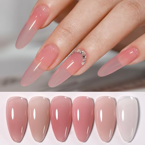 Double Rhythm Jelly Gel Nail Polish Set of 6 Colors Sheer Translucent Nude Pink Milky White Neutral Gel Polish Pastel UV Manicure Kit for Women (6-kit9, Jelly Pink)