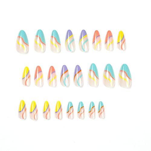 DOUBNINE 24PCS Press on Nails Medium Almond Rainbow Swirl French Tip Line Glossy Ballerina Fake Nails Acrylic Full Cover Luxury False Nails for Women - Image 3