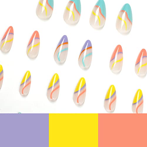 DOUBNINE 24PCS Press on Nails Medium Almond Rainbow Swirl French Tip Line Glossy Ballerina Fake Nails Acrylic Full Cover Luxury False Nails for Women - Image 5