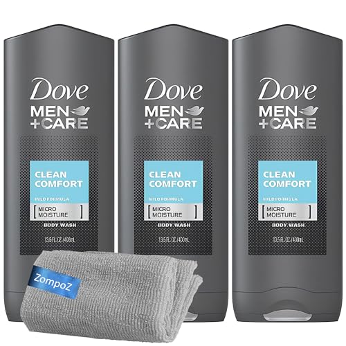 Dove Men Clean Comfort Body Wash, 3 Pack Men+Care Body and Face Wash Set, Hydrating with Micro Moisture Technology, 13.5 fl oz Each Plus Bonus Zompo-Z Washcloth