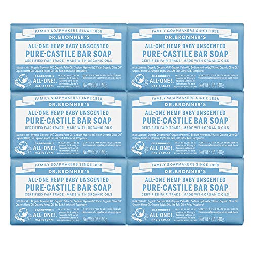 Dr. Bronner's Baby Unscented Pure Castile Soap, 6 Pack, 5 oz Bottles for Gentle Cleansing