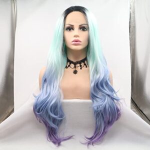 Drag Queen Mermaid Wigs Black Roots Ombre Blue Lace Front Wig Lilac Lavender Tips Wig Synthetic Glueless Hair Natural Hairline Summer Cosplay Costume Body Wave Flawless Wigs for Woman Ladies 26 inches