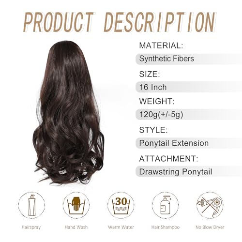 Drawstring Ponytail Hair Extension 16 Inch Synthetic Short Curly Wavy Fake Ponytail Extensions Natural Soft Clip in Ponytail Hairpieces for Women(Brown) - Image 2
