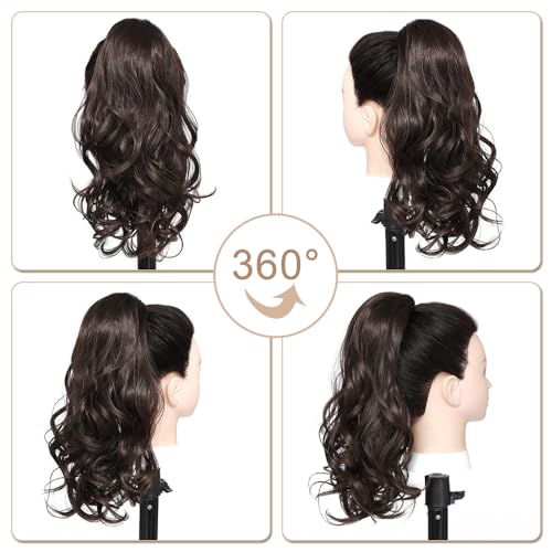 Drawstring Ponytail Hair Extension 16 Inch Synthetic Short Curly Wavy Fake Ponytail Extensions Natural Soft Clip in Ponytail Hairpieces for Women(Brown) - Image 4