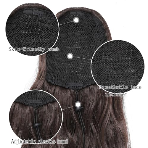 Drawstring Ponytail Hair Extension 16 Inch Synthetic Short Curly Wavy Fake Ponytail Extensions Natural Soft Clip in Ponytail Hairpieces for Women(Brown) - Image 3