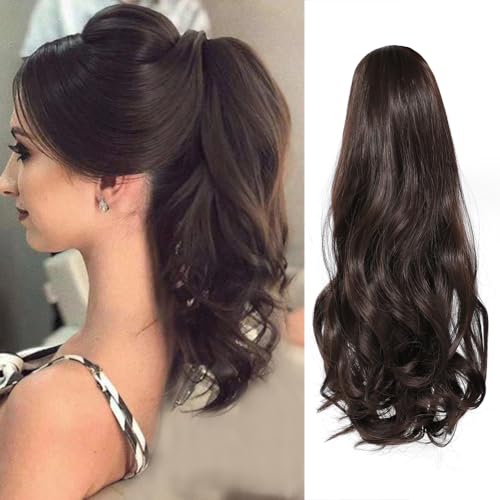 Drawstring Ponytail Hair Extension 16 Inch Synthetic Short Curly Wavy Fake Ponytail Extensions Natural Soft Clip in Ponytail Hairpieces for Women(Brown)