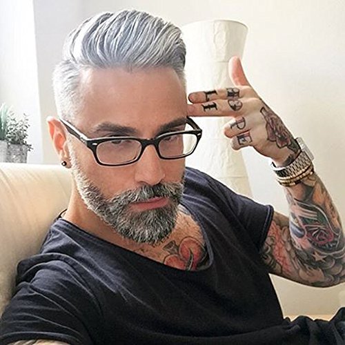 Dreambeauty Men's Toupee 10"×8" European Virgin 20% #1b Black Human Hair Mix 80% Silver Synthetic hair Soft Thin Skin Mens Hair pieces Hair Replacement System Monofilament Net with PU around Base