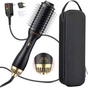 Dual Voltage Hair Dryer Brush for International Travel, Travel Hair Dryer Brush with European Plug, 110V-120V/220V-240V Dual Voltage Hot Air Brush, EU/UK Plug Adapter & Travel Case Included