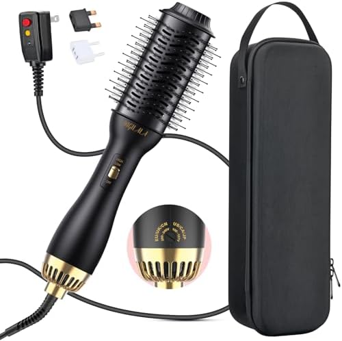 Dual Voltage Hair Dryer Brush for International Travel, Travel Hair Dryer Brush with European Plug, 110V-120V/220V-240V Dual Voltage Hot Air Brush, EU/UK Plug Adapter & Travel Case Included