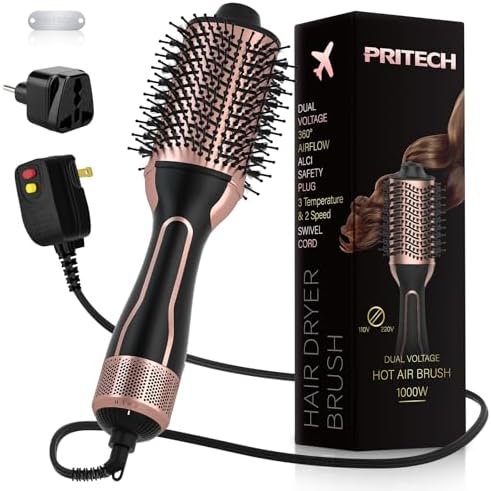 Dual Voltage Hair Dryer Brush, PRITECH Hot Air Brush, Ionic 1000W Blow Dryer Brush 4 in 1 Styler, One Step Volumizer with Ceramic Coating for Straight and Curling Hair Salon