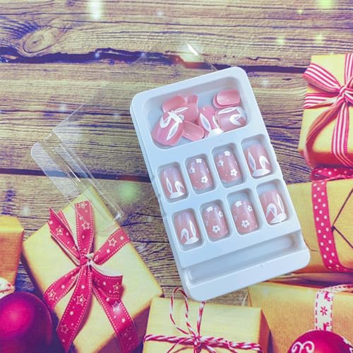Easter Nails Press on Nails Short Square Fake Nails with Designs Pink Cute Bunny Flower Full Cover Acrylic Artificial Spring False Nails Summer Glue on Nails for Women and Girls 24Pcs - Image 2