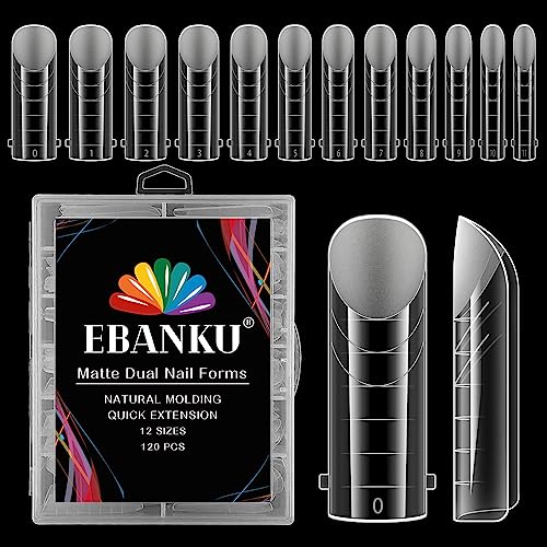 EBANKU 120Pcs Matte Dual Nail Forms, Clear Poly Gel Nail Molds Square Full Cover Coffin Nail Tips Extension Forms 12 Sizes for Gel Manicure Nail Art Design Salon&DIY