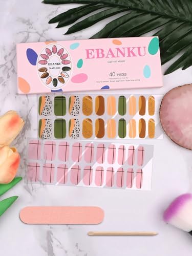 EBANKU 40PCS Gel Nail Strips Green Yellow Holiday Design with Nail File - Image 6