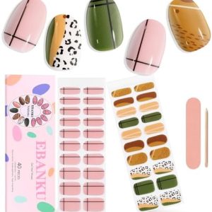 EBANKU 40PCS Gel Nail Strips Green Yellow Holiday Design with Nail File