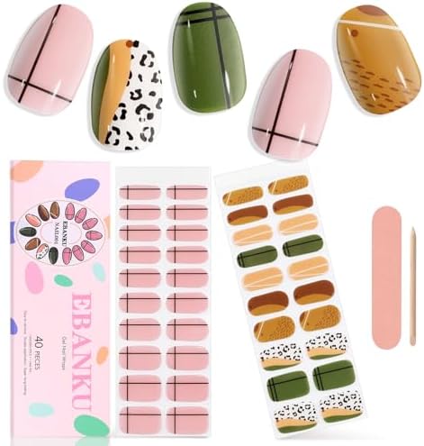 EBANKU 40PCS Gel Nail Strips Green Yellow Holiday Design with Nail File