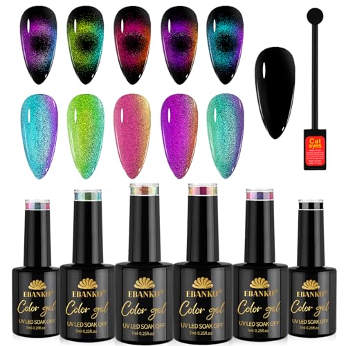 EBANKU 9D Cat Eye Nail Polish 6 Colors Kit Magnetic Cateye Nail Polish Gel Chameleon Galaxy Effects Nail Gel Polish with 1PCS Black Gel and Magnetic Lamp Cure Required Home Manicure DIY Nail Art