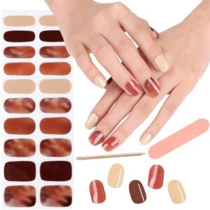 EBANKU Cured Gel Nail Strips Brown Real Nail Polish Strips Wraps Long-Lasting Waterproof Gel Nail Polish Wrap Sticker with Nail File and Stick (UV/LED Lamp Required)