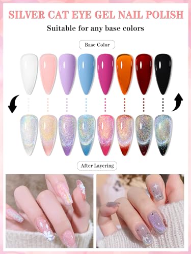 EBANKU Rainbow Cat Eye Gel Nail Polish Universal Holographic 9D Cat Eye Magnetic Gel Polish with Magnet Stick, Shiny Glitter Chrome Gel Polish Soak Off Gel Nail Art Salon Manicure DIY at Home 10ML - Image 2