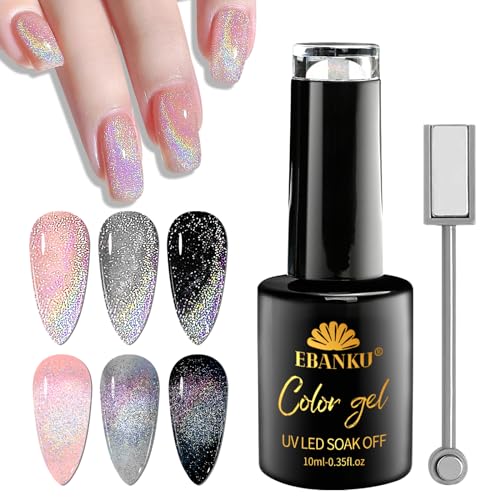 EBANKU Rainbow Cat Eye Gel Nail Polish Universal Holographic 9D Cat Eye Magnetic Gel Polish with Magnet Stick, Shiny Glitter Chrome Gel Polish Soak Off Gel Nail Art Salon Manicure DIY at Home 10ML