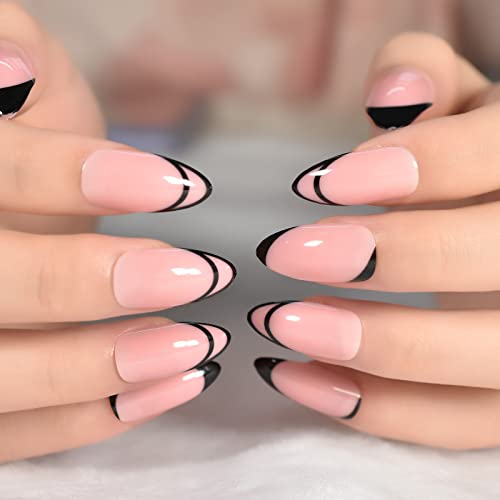 EchiQ 24 Piece Glossy Black Pink U-Shape Almond Medium Gel Press-On Nails