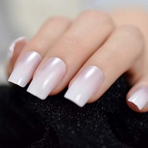 EchiQ Medium Shimmer White French Ombre Gradient Square Faux Nails Kit with Gluetabs