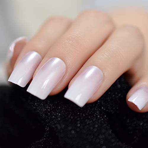 EchiQ Medium Shimmer White French Ombre Gradient Square Faux Nails Kit with Gluetabs