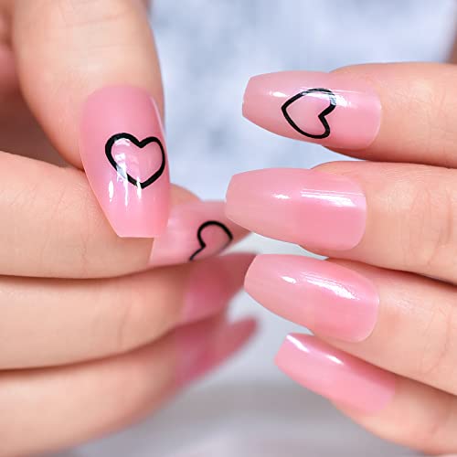 EchiQ Press on Nails Pink Black Small Heart Reuseable Fake Nails Daily Wear Gelnails Solid Color Glossy Medium Long Coffin Shiny Faux Ongles for Women Artificial Lady Fingernails with Adhesive Tabs