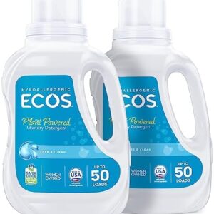 ECOS Laundry Detergent Liquid, 100 Loads - Dermatologist Tested Laundry Soap - Hypoallergenic, EPA Safer Choice Certified, Plant-Powered - Free & Clear, 50 Fl Oz (Pack of 2)