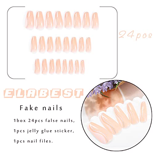 ELABEST Medium Light Pink Ballerina False Nail Bling Glitter Coffin Fake Nails Press on 24Pcs Acrylic Art Nail Tips For Women and Girls - Image 5
