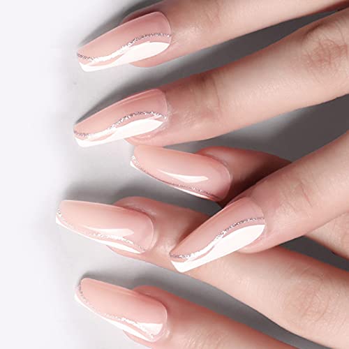 ELABEST Medium Light Pink Ballerina False Nail Bling Glitter Coffin Fake Nails Press on 24Pcs Acrylic Art Nail Tips For Women and Girls - Image 4