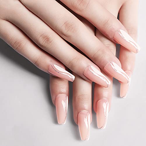ELABEST Medium Light Pink Ballerina False Nail Bling Glitter Coffin Fake Nails Press on 24Pcs Acrylic Art Nail Tips For Women and Girls
