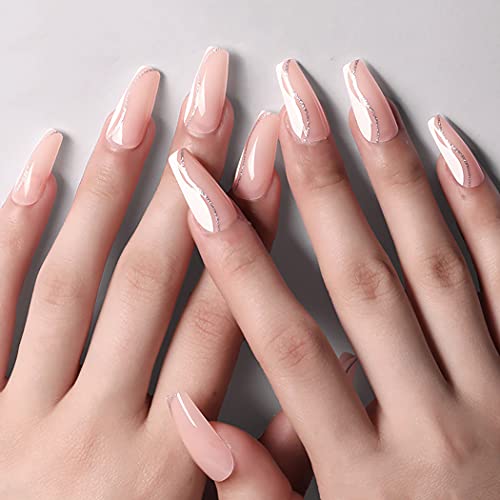 ELABEST Medium Light Pink Ballerina False Nail Bling Glitter Coffin Fake Nails Press on 24Pcs Acrylic Art Nail Tips For Women and Girls - Image 2