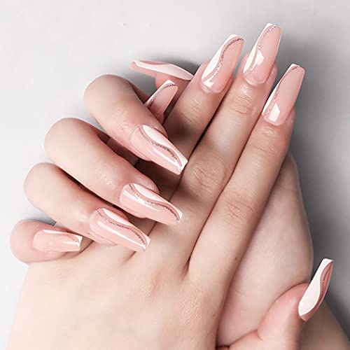 ELABEST Medium Light Pink Ballerina False Nail Bling Glitter Coffin Fake Nails Press on 24Pcs Acrylic Art Nail Tips For Women and Girls - Image 3