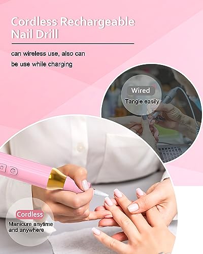 Electric Cordless Nail Drill Portable Nail Drill Machine for Gel Acrylic Nails, Rechargeable Nail File for Home Salon Electric Nail File Pink - Image 6