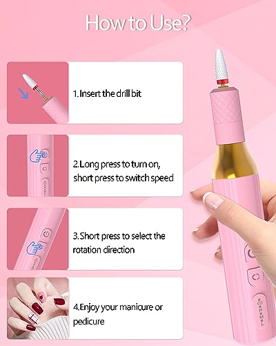 Electric Cordless Nail Drill Portable Nail Drill Machine for Gel Acrylic Nails, Rechargeable Nail File for Home Salon Electric Nail File Pink - Image 4
