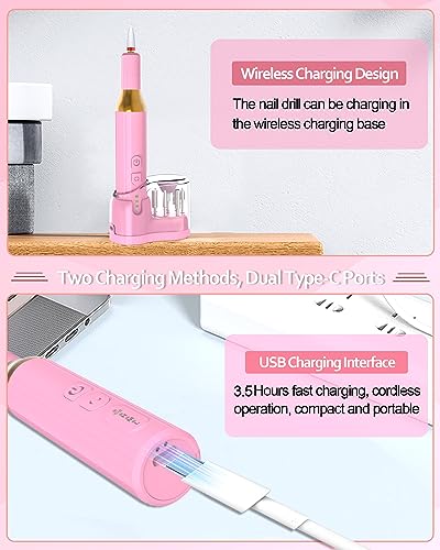 Electric Cordless Nail Drill Portable Nail Drill Machine for Gel Acrylic Nails, Rechargeable Nail File for Home Salon Electric Nail File Pink - Image 5