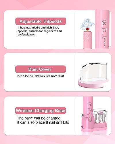 Electric Cordless Nail Drill Portable Nail Drill Machine for Gel Acrylic Nails, Rechargeable Nail File for Home Salon Electric Nail File Pink - Image 3