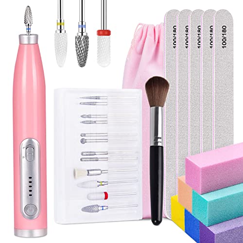 Electric Nail Drill Cordless, IKOCO Rechargeable Nail Drills for Acrylic Nails Professional Nail Dremel Tools with 12pcs Efile Nail Drill Bits Kit for Gel Nails Cuticle, Pink