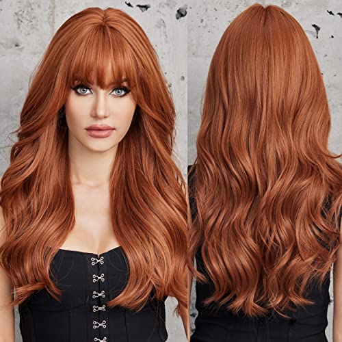 EMMOR Long Orange Brown Wavy Wig with Bangs, Heat Resistant Fiber, Medium Size