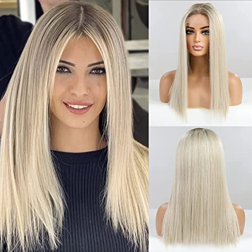EMMOR Long Platinum Blonde Lace Front Wig for Women, 20 Inch Natural Hair Straight Synthetic Wigs Middle Part,Hand Tied/Skin-Friendly/Lightweight