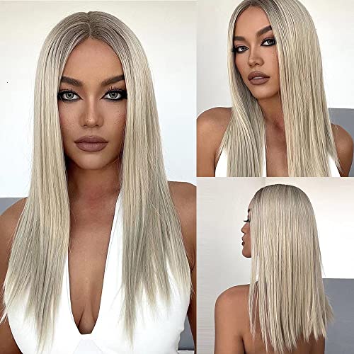 EMMOR Long Platinum Blonde Lace Front Wig for Women, 20 Inch Natural Hair Straight Synthetic Wigs Middle Part,Hand Tied/Skin-Friendly/Lightweight - Image 6