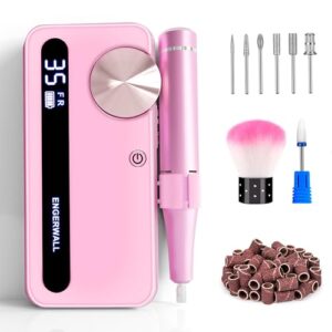 ENGERWALL Rechargeable Nail Drill 35000 RPM, Portable Cordless Electric Nail File Machine for Acrylic Nails Gel Polishing, Removing, with Dail Drill Bits Kit for Manicure Pedicure, Pink