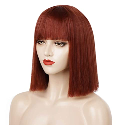 Entranced Styles Short Bob Wig Dark Auburn Synthetic Hair With Bangs 12 Inch - Image 3
