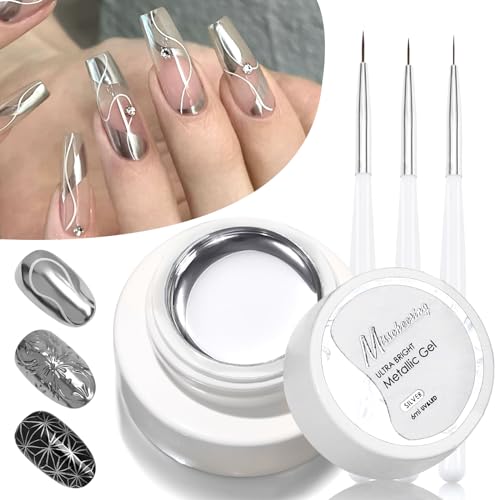 Erinde Silver Gel Nail Polish With Brush Kit, Chrome Nail Polish Painting Gel, Quick Drying, Long Lasting, Mirror Effect Metallic Gel Nail Polish, Super Glossy Soak off UV/LED Home Salon DIY Manicure