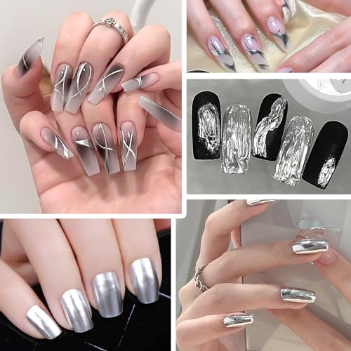 Erinde Silver Gel Nail Polish With Brush Kit, Chrome Nail Polish Painting Gel, Quick Drying, Long Lasting, Mirror Effect Metallic Gel Nail Polish, Super Glossy Soak off UV/LED Home Salon DIY Manicure - Image 2