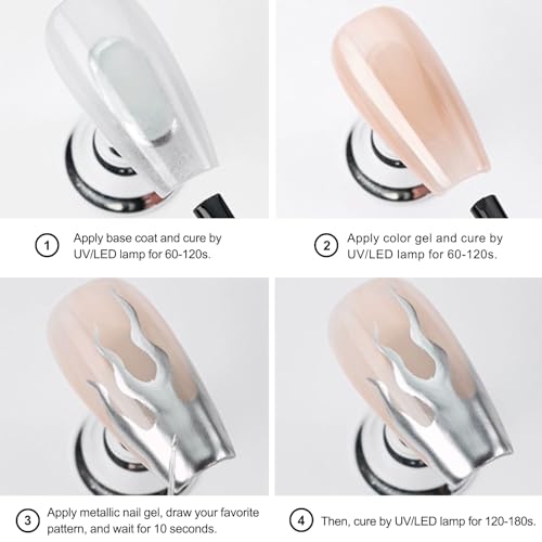 Erinde Silver Gel Nail Polish With Brush Kit, Chrome Nail Polish Painting Gel, Quick Drying, Long Lasting, Mirror Effect Metallic Gel Nail Polish, Super Glossy Soak off UV/LED Home Salon DIY Manicure - Image 6