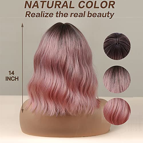 Esmee 14 Inches Short Pink Wigs with Bangs for Women Natural Synthetic Hair Ombre Wig with Dark Roots Loose Wavy Wigs for Cosplay Daily Party Wear… - Image 4