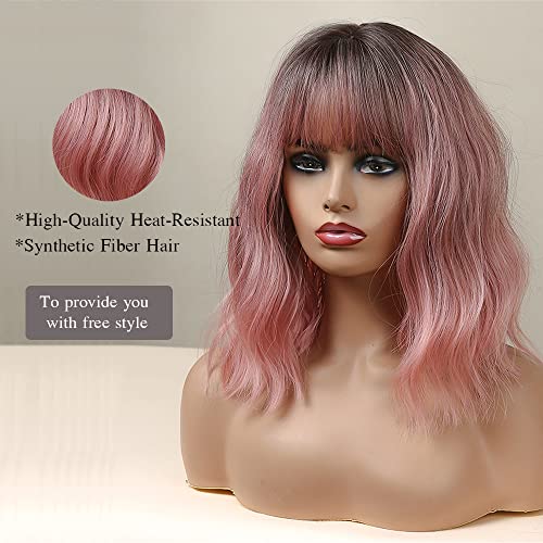 Esmee 14 Inches Short Pink Wigs with Bangs for Women Natural Synthetic Hair Ombre Wig with Dark Roots Loose Wavy Wigs for Cosplay Daily Party Wear… - Image 3