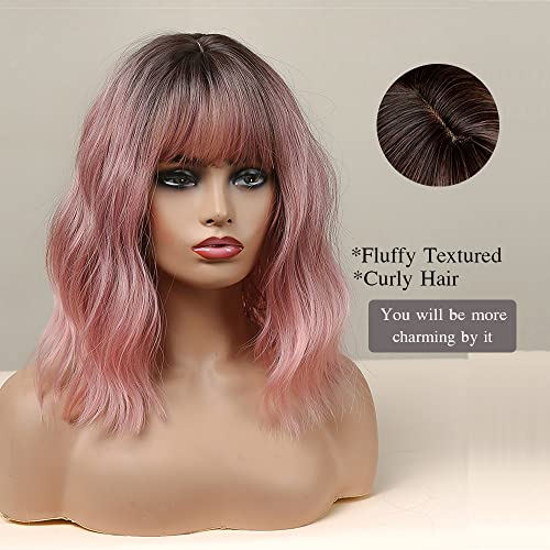 Esmee 14 Inches Short Pink Wigs with Bangs for Women Natural Synthetic Hair Ombre Wig with Dark Roots Loose Wavy Wigs for Cosplay Daily Party Wear… - Image 2
