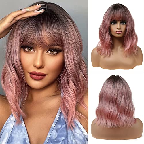 Esmee 14 Inches Short Pink Wigs with Bangs for Women Natural Synthetic Hair Ombre Wig with Dark Roots Loose Wavy Wigs for Cosplay Daily Party Wear…
